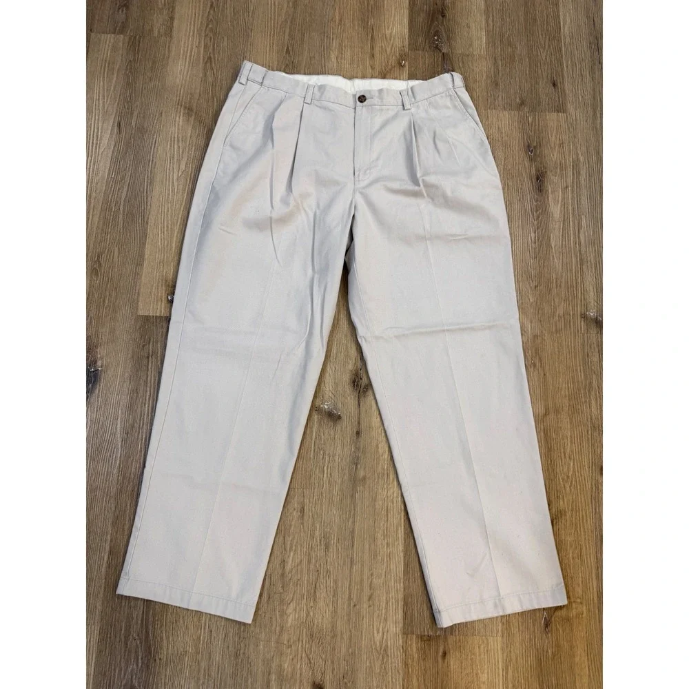 LL Bean Old Money Comfort Waist Pleated Chino Pants Mens 40x32 Khaki Cotton
